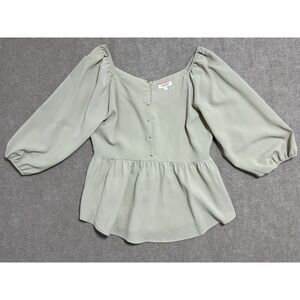 Andree by Unit Blouse Womens Large Light Gray Peplum Puff Sleeve Button Top Chic